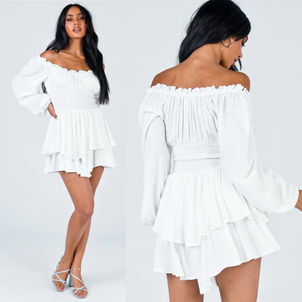 Princess Polly The Love Galore White Long Sleeve Smocked Waist Ruffle Romper